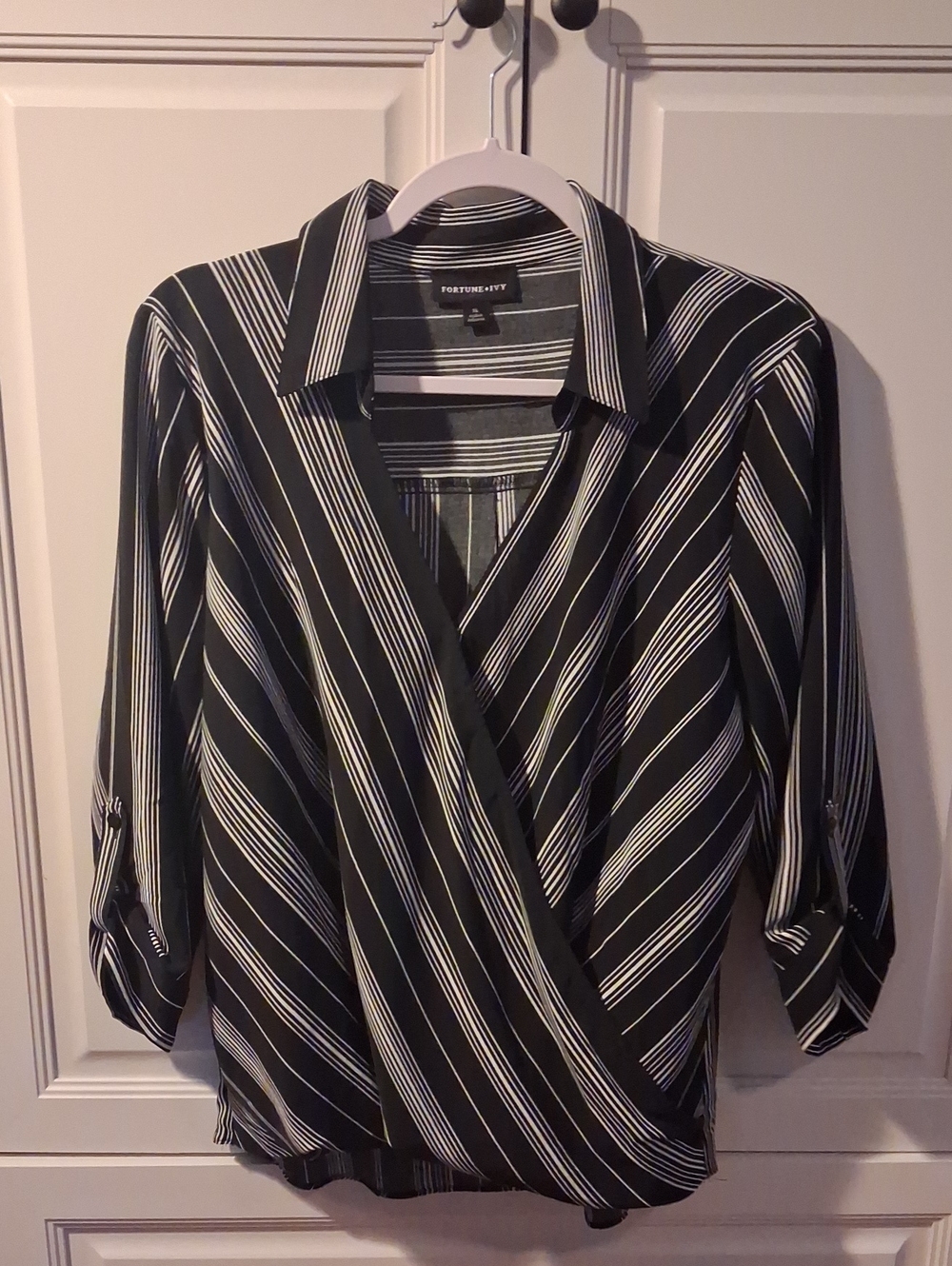 Fortune + Ivy Black and White Striped Wrap Blouse